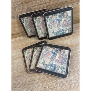 Vintage 70s Pimpernel Coasters Set of 6 Medieval Tapestry Cork Back Made England